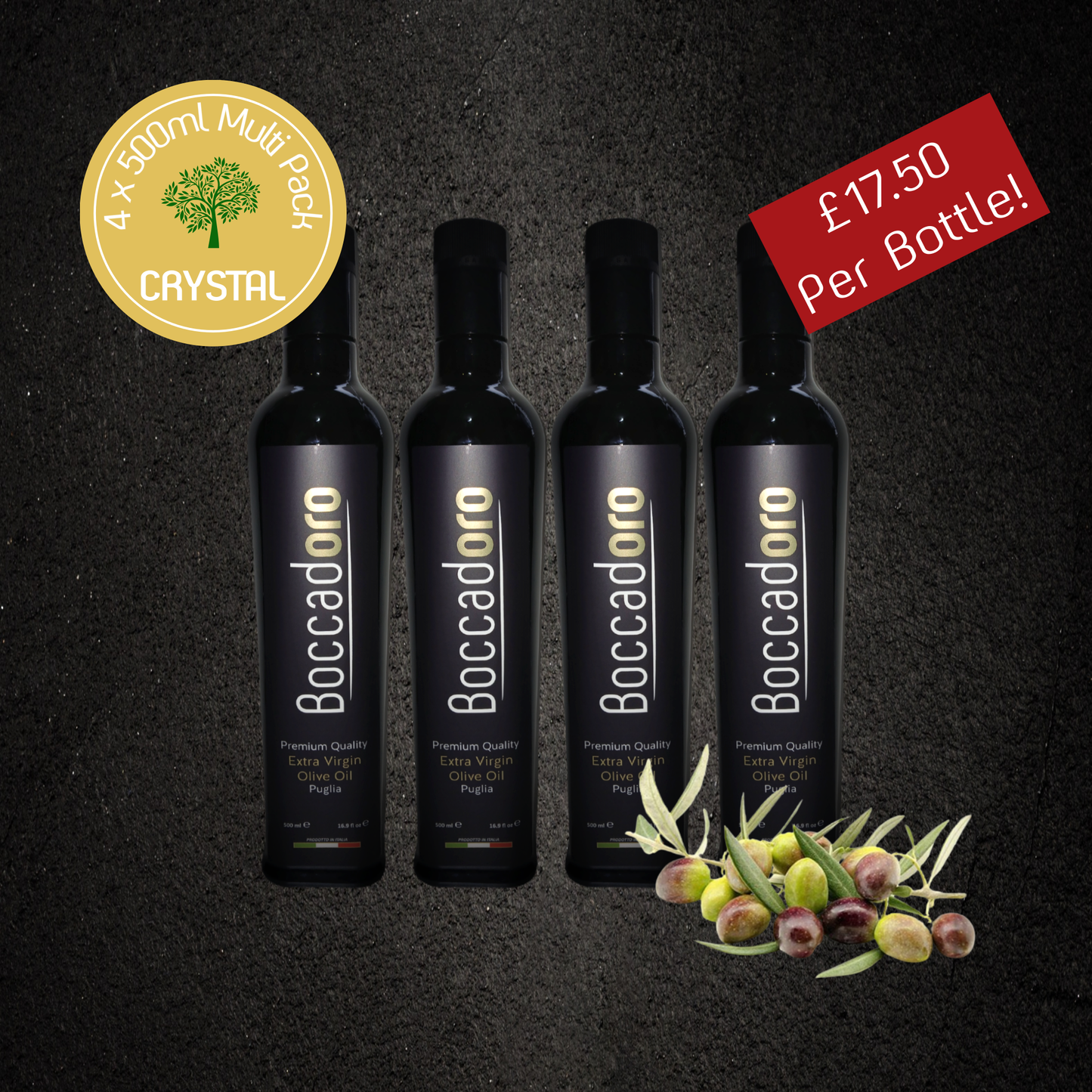 Boccadoro Crystal Premium Quality Extra Virgin Olive Oil - MULTI PACK - 500ml Bottle x 4 (2024/25 Harvest)