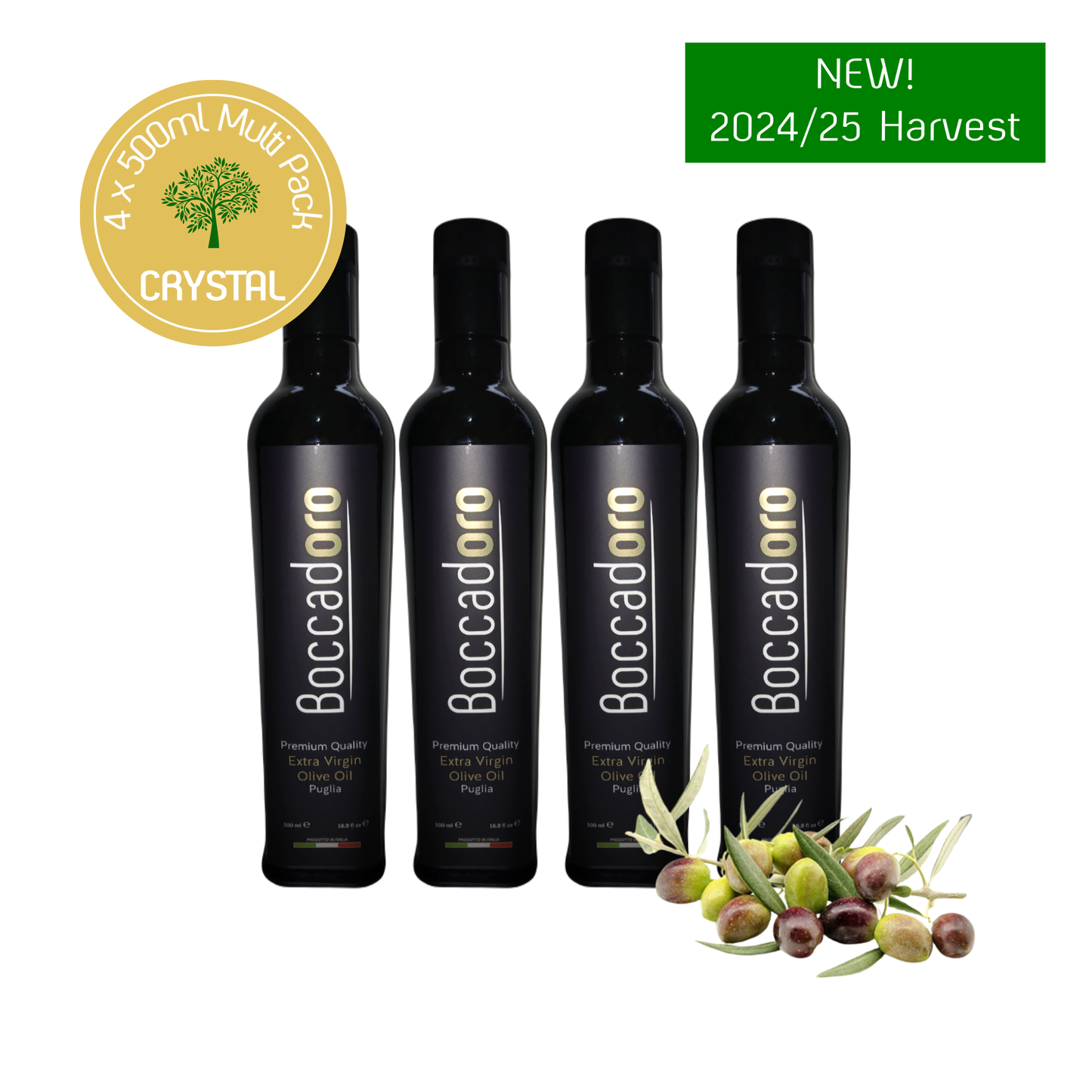Boccadoro Crystal Premium Quality Extra Virgin Olive Oil - MULTI PACK - 500ml Bottle x 4 (2024/25 Harvest)