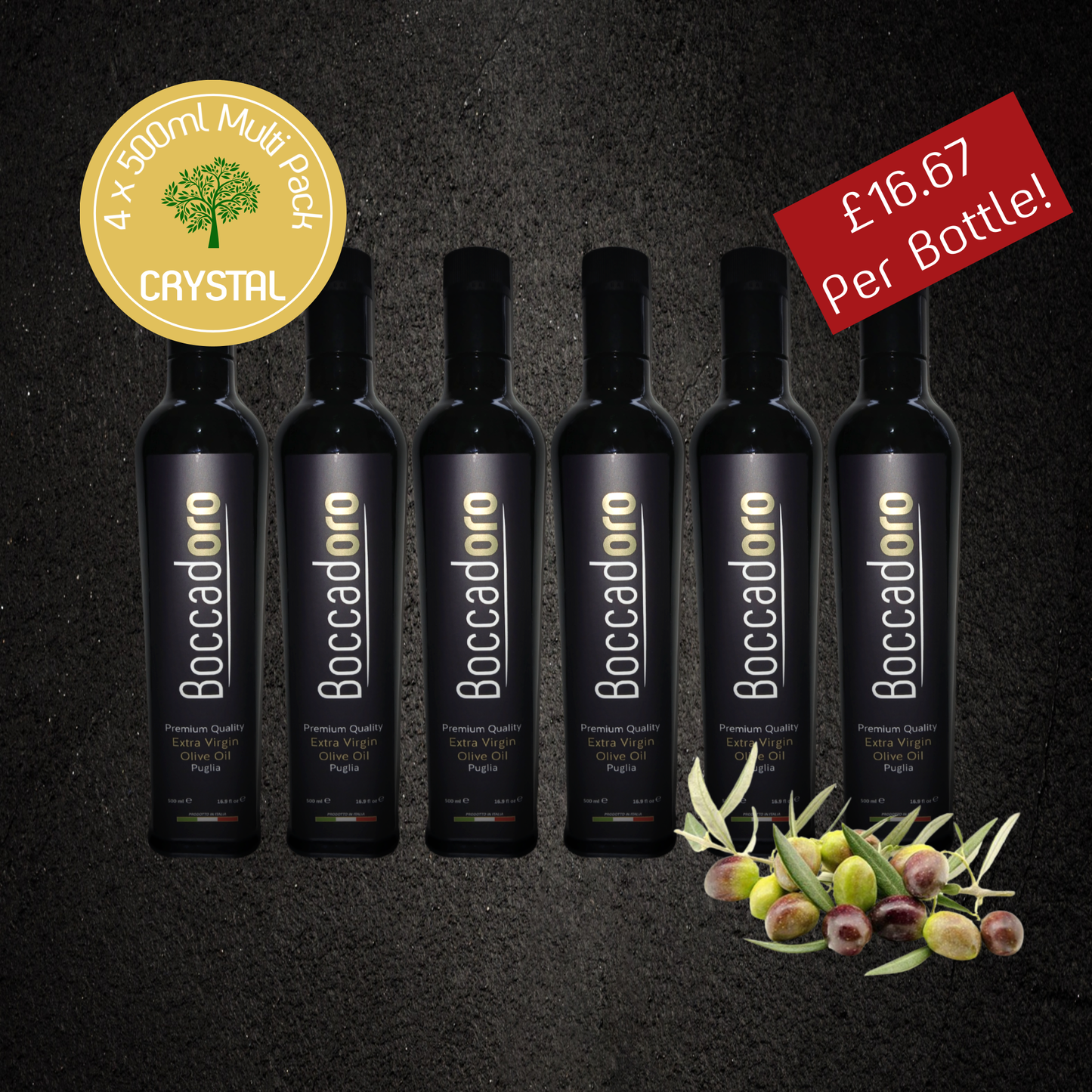 Boccadoro Crystal Premium Quality Extra Virgin Olive Oil - MULTI PACK - 500ml Bottle x 6 (2024/25 Harvest)