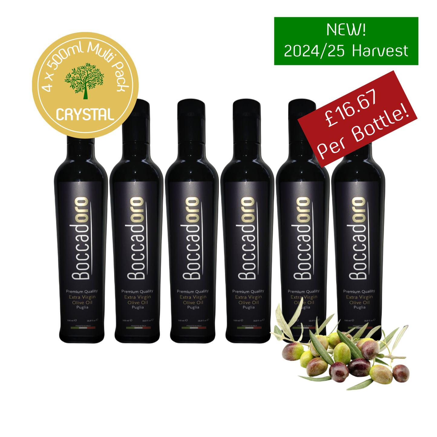 Boccadoro Crystal Premium Quality Extra Virgin Olive Oil - MULTI PACK - 500ml Bottle x 6 (2024/25 Harvest)