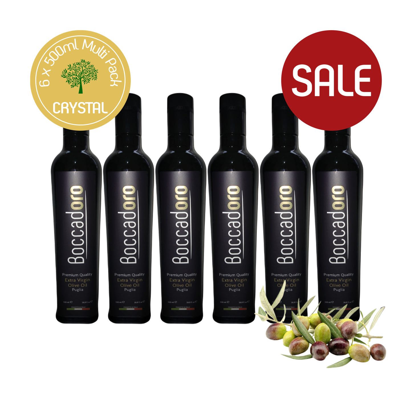 Boccadoro Crystal Premium Quality Extra Virgin Olive Oil - MULTI PACK - 500ml Bottle x 6 (2023/24 Harvest)