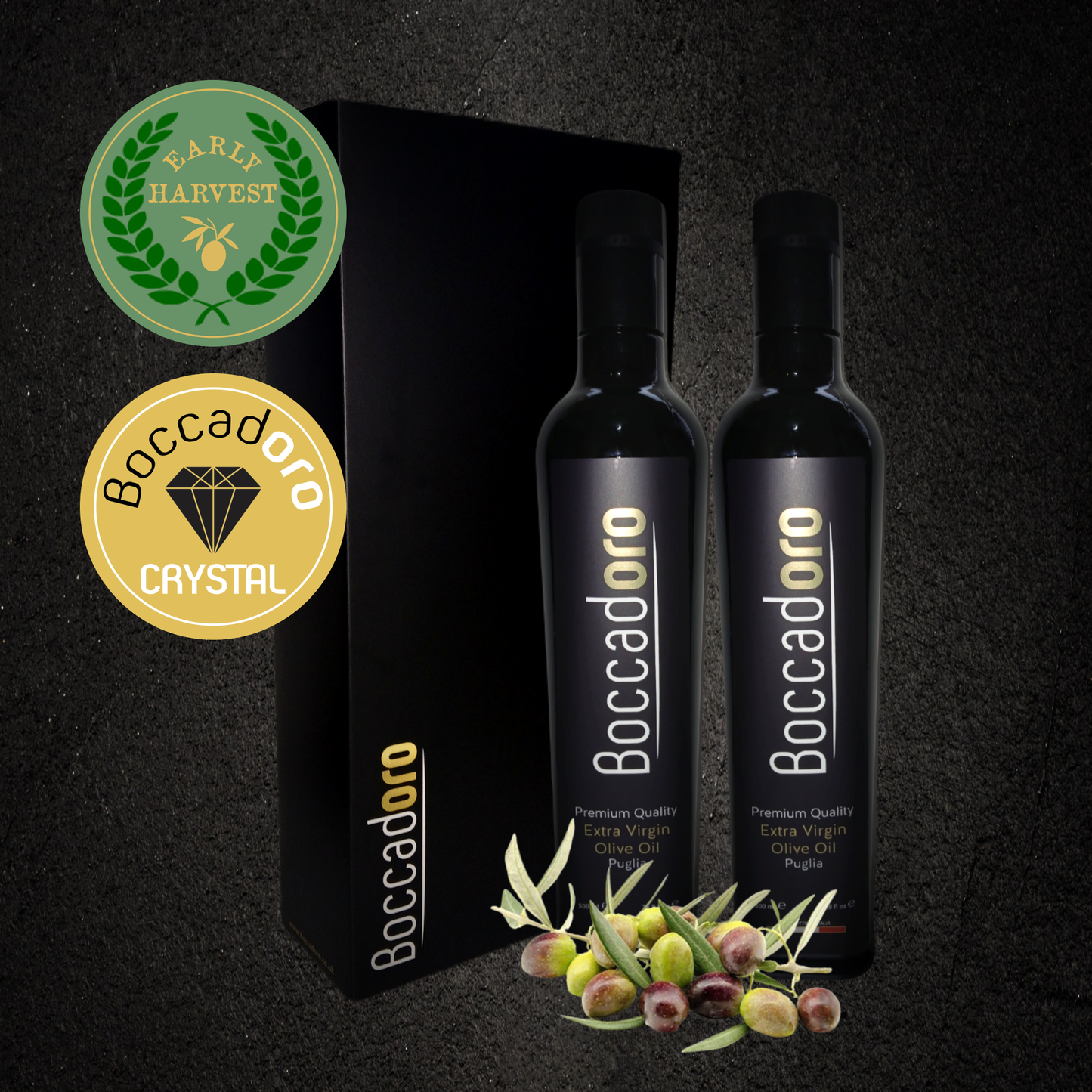 Boccadoro Premium Quality Extra Virgin Olive Oil Early Harvest & Crystal 2 x 500ml Twin Pack (2024/25 Harvest)