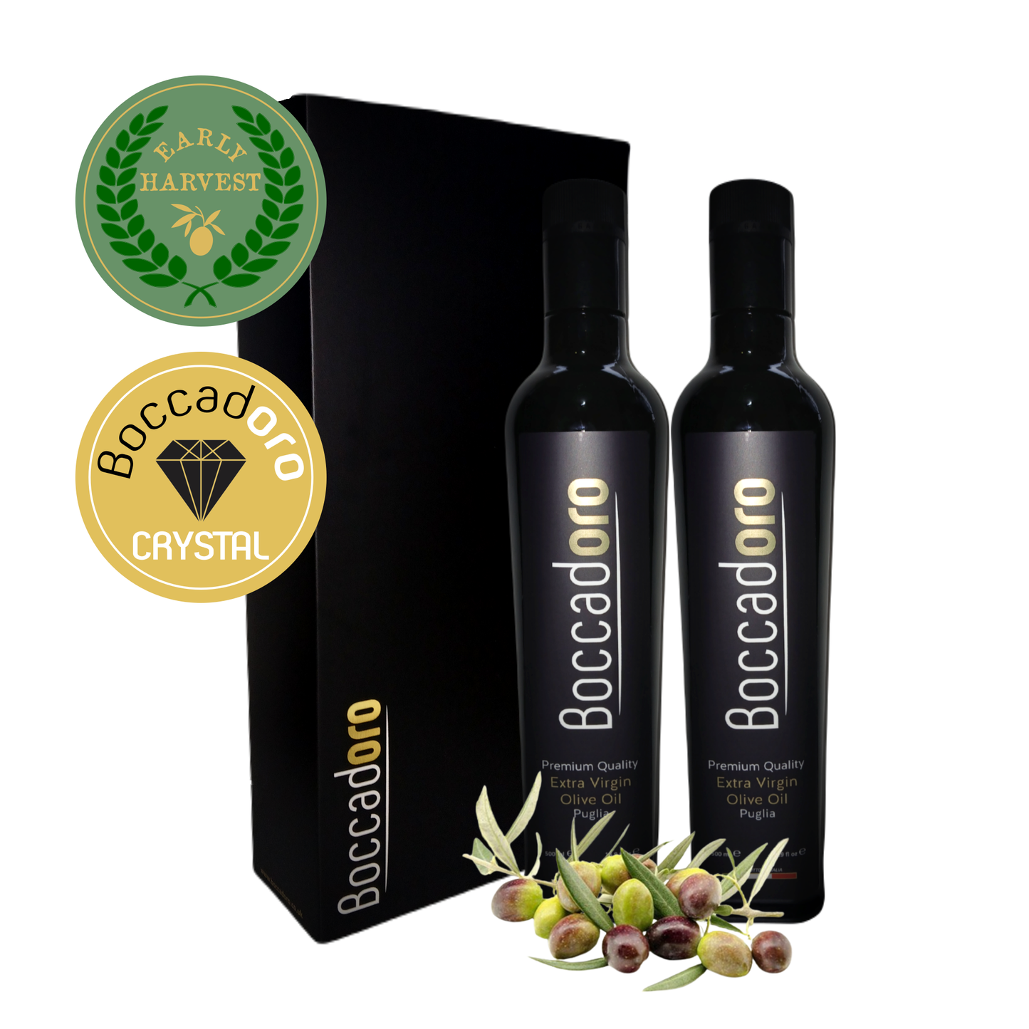 Boccadoro Premium Quality Extra Virgin Olive Oil Early Harvest & Crystal 2 x 500ml Twin Pack (2024/25 Harvest)