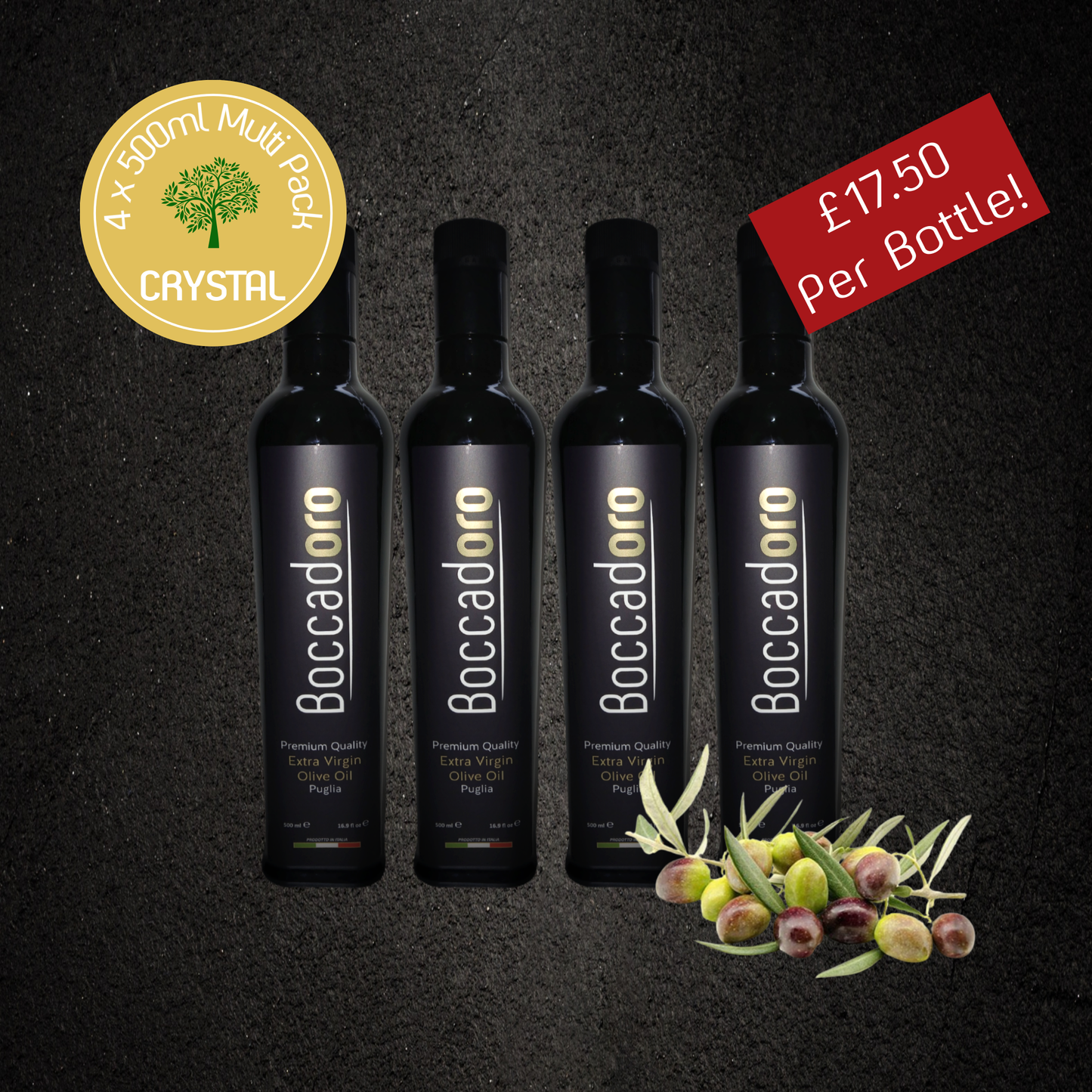 Boccadoro Crystal Premium Quality Extra Virgin Olive Oil - MULTI PACK - 500ml Bottle x 4 (2023/24 Harvest)