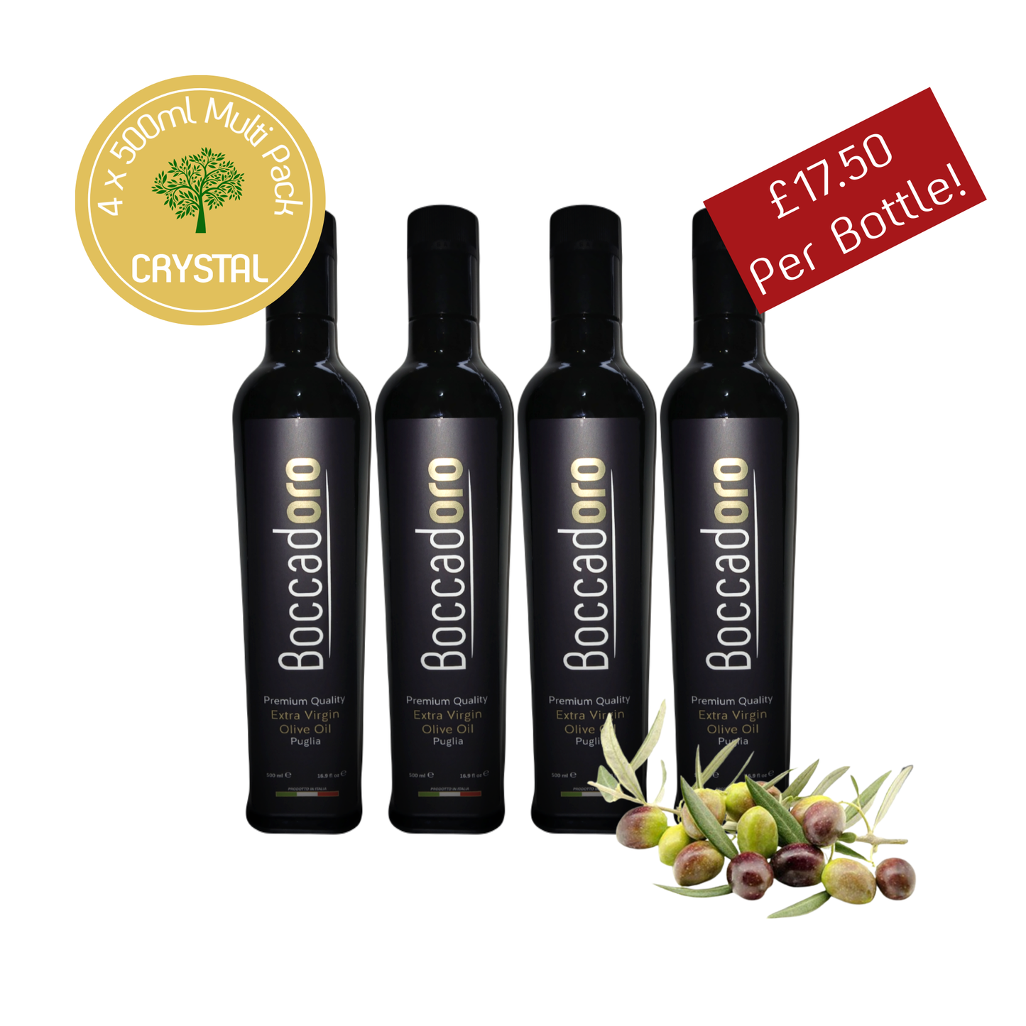 Boccadoro Crystal Premium Quality Extra Virgin Olive Oil - MULTI PACK - 500ml Bottle x 4 (2023/24 Harvest)