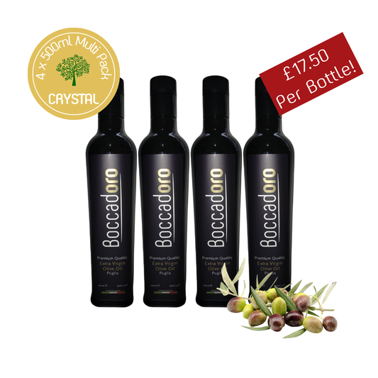 Boccadoro Crystal Premium Quality Extra Virgin Olive Oil - MULTI PACK - 500ml Bottle x 4 (2024/25 Harvest)