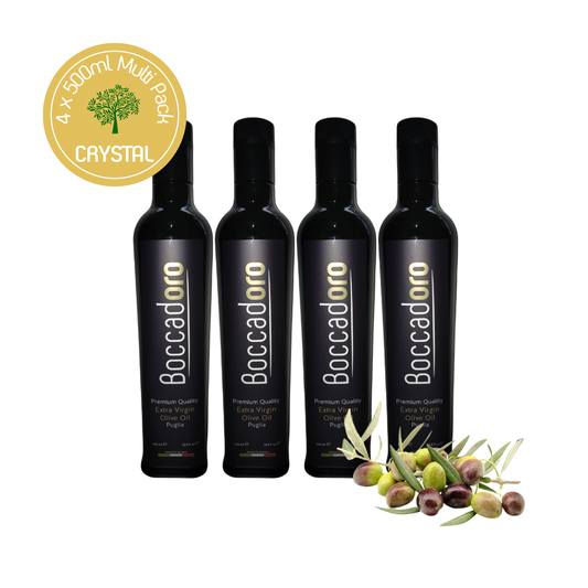 Boccadoro Crystal Premium Quality Extra Virgin Olive Oil - MULTI PACK - 500ml Bottle x 4 (2024/25 Harvest)