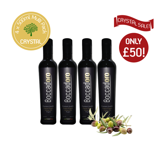 Boccadoro Crystal Premium Quality Extra Virgin Olive Oil - MULTI PACK - 500ml Bottle x 4 (2024/25 Harvest)