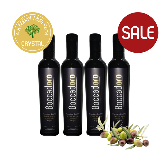 Boccadoro Crystal Premium Quality Extra Virgin Olive Oil - MULTI PACK - 500ml Bottle x 4 (2023/24 Harvest)