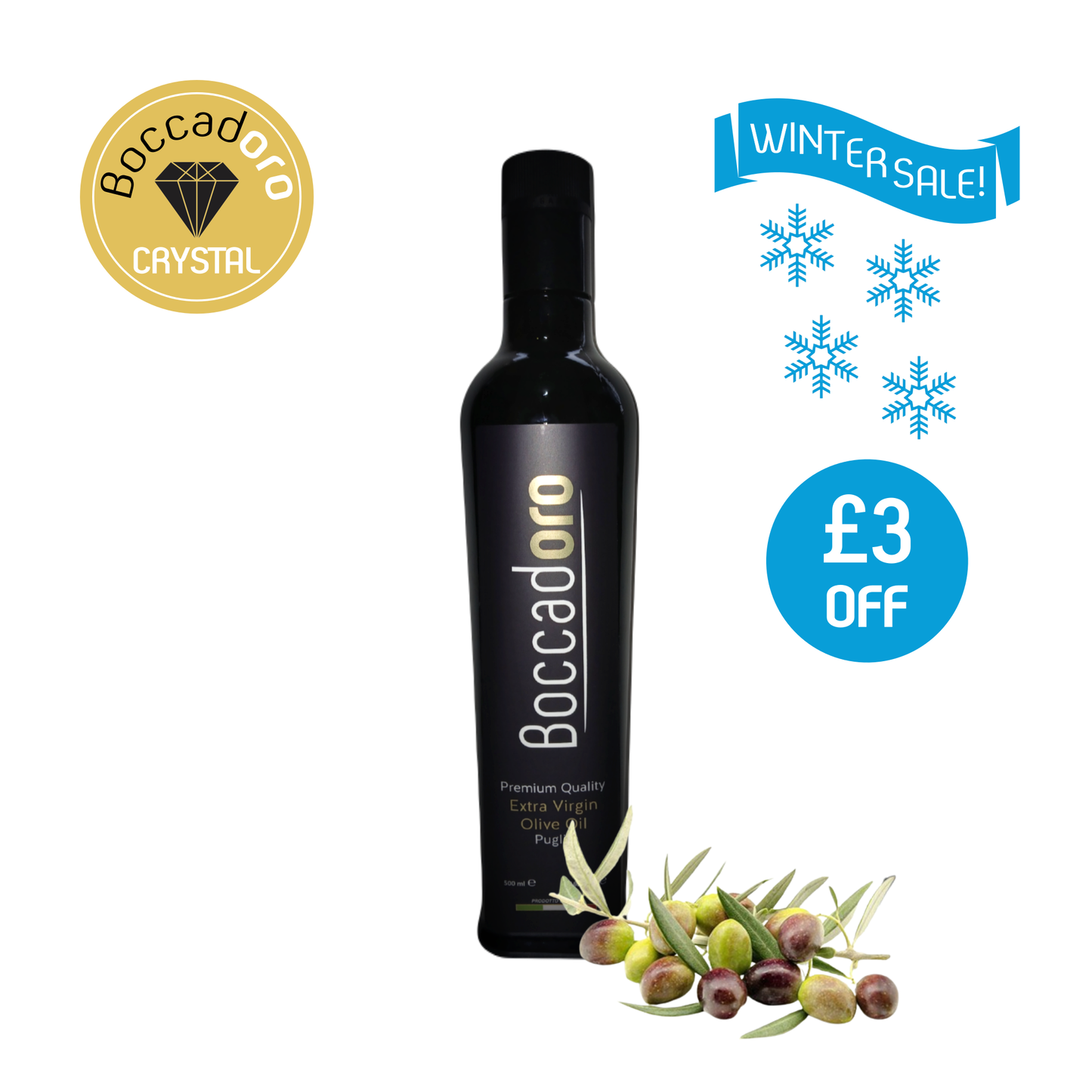Boccadoro Crystal Premium Quality Extra Virgin Olive Oil - 500ml Bottle (2024/25 Harvest)