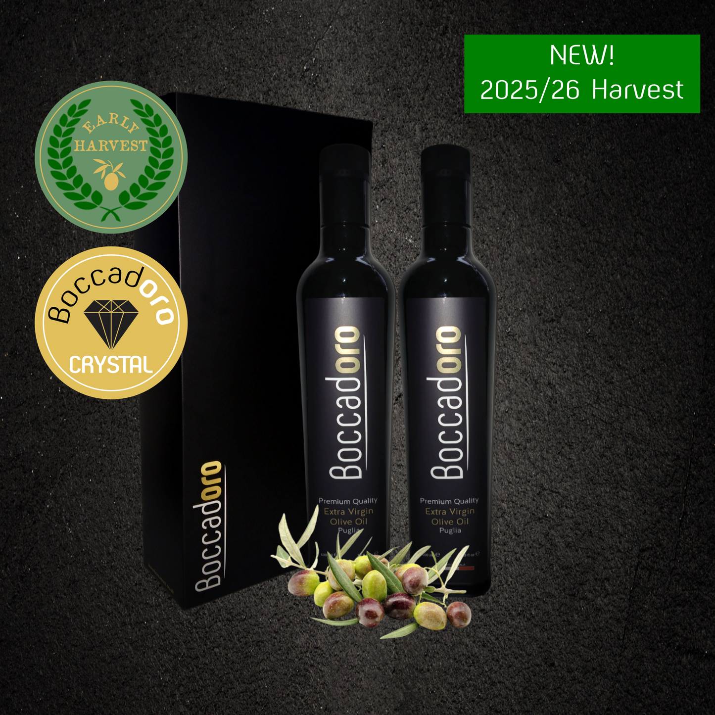 Boccadoro Premium Quality Extra Virgin Olive Oil Early Harvest (2025/26) & Crystal (2024/25) 2 x 500ml Twin Pack