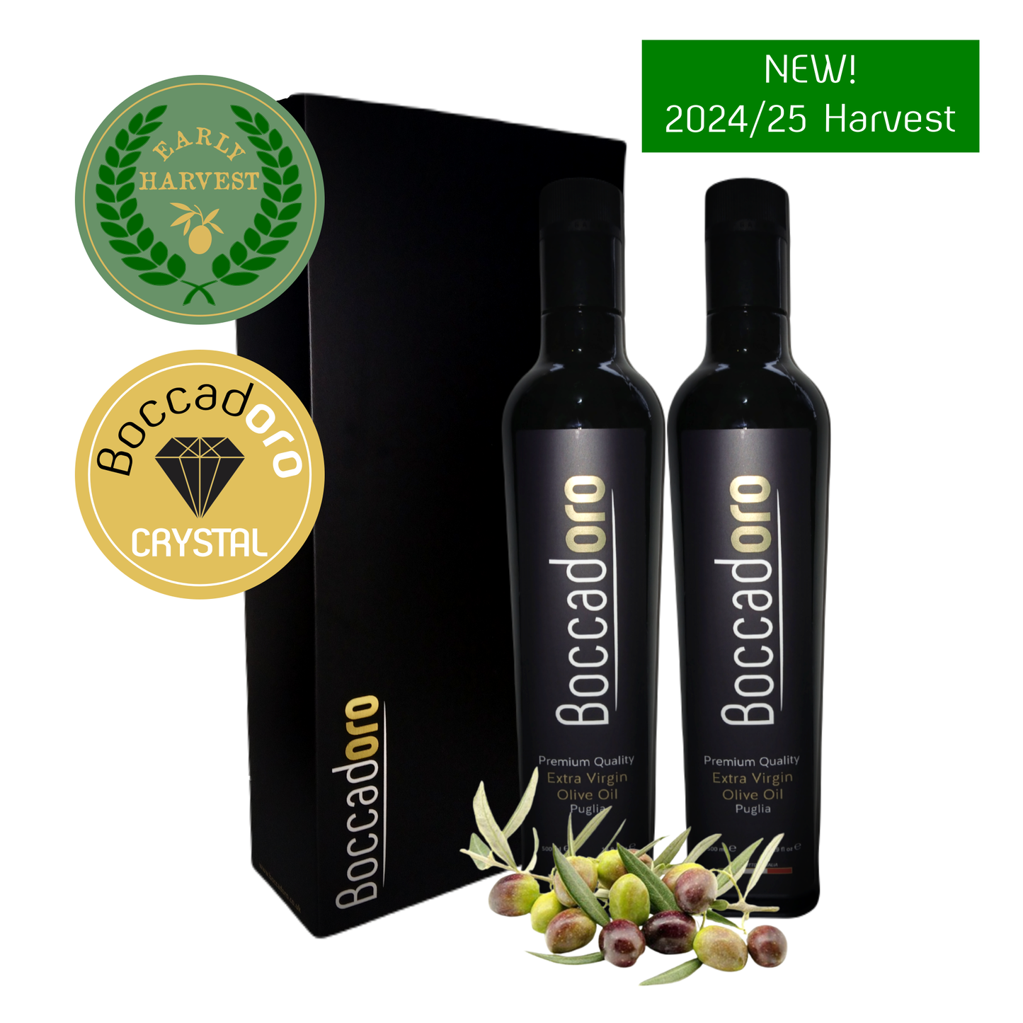 Boccadoro Premium Quality Extra Virgin Olive Oil Early Harvest & Crystal 2 x 500ml Twin Pack (2024/25 Harvest)